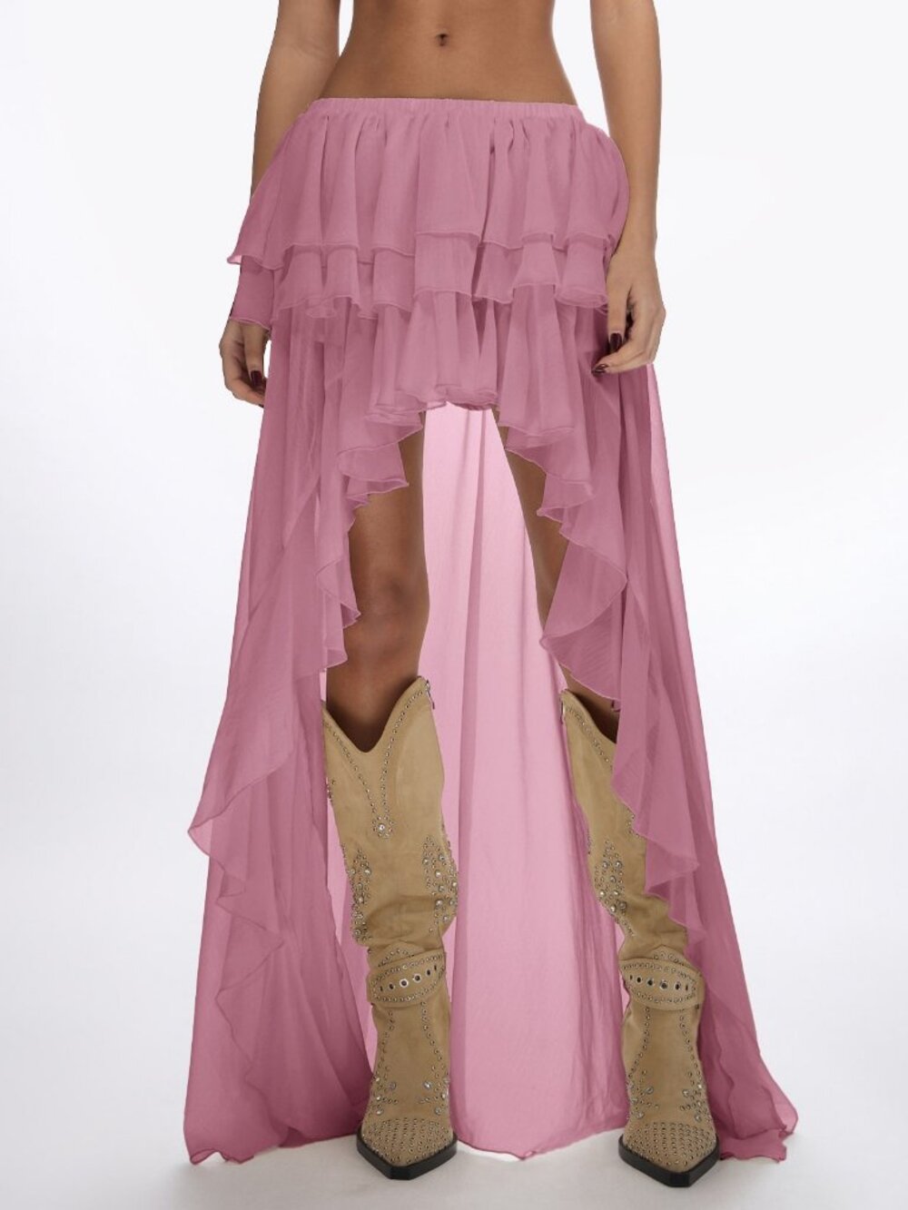 Pink Casual Women's Ruffle Waterfall High Low Maxi Skirt Tiered Sheer Skirt